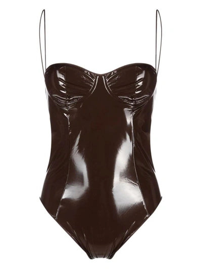 Shop Oseree Oséree Chocolate Latex Balconette Maillot One-piece Swimsuit In Brown