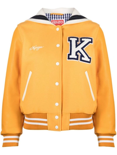 Shop Kenzo Logo Wool Bomber Jacket In Orange