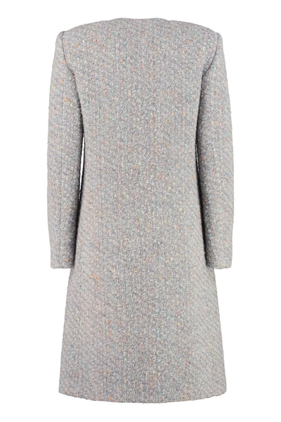 Shop Moschino Boucle Knit Coat In Grey