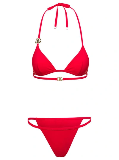Shop Dolce & Gabbana Red Triangle Bikini With Dg Logo In Stretch Polyamide Woman