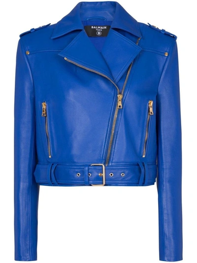 Shop Balmain Biker Jacket Clothing In Blue
