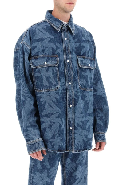 Shop Palm Angels 'palmity' Overshirt In Denim With Laser Print All-over In Blue