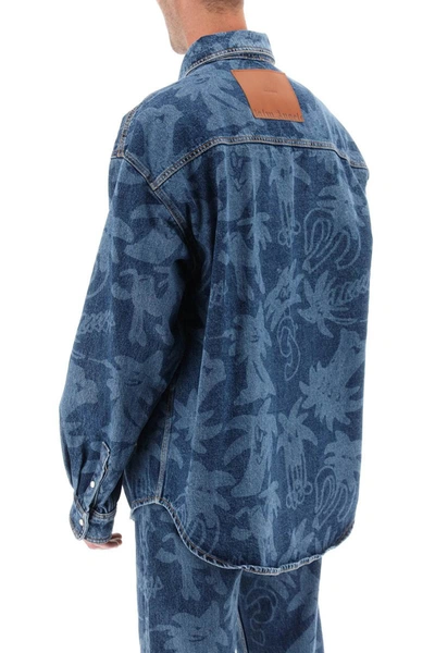 Shop Palm Angels 'palmity' Overshirt In Denim With Laser Print All-over In Blue