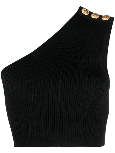Shop Balmain One-shoulder Cropped Ribbed Knit Top In Black