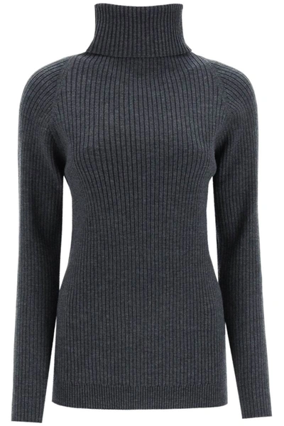 Shop Totême Toteme Ribbed Knit Turtleneck Sweater In Grey