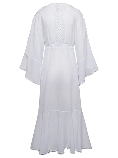 Shop Charo Ruiz 'kathy' White Kaftan Dress With Lace Inserts And V Neckline In Cotton Woman