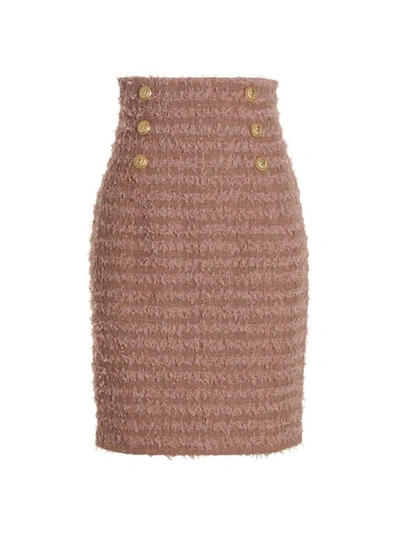 Shop Balmain Logo Button Tweed Skirt In Pink