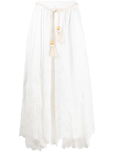 Shop Zimmermann Embroidered Linen Long Skirt In White