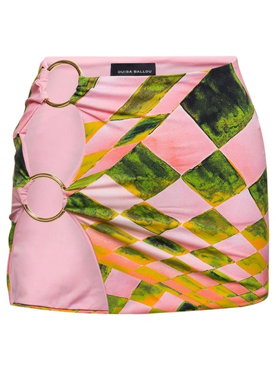 Shop Louisa Ballou Pink Miniskirt With Abstract Print And Golden Rings In Polyester Woman In Multicolor