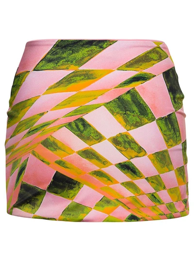 Shop Louisa Ballou Pink Miniskirt With Abstract Print And Golden Rings In Polyester Woman In Multicolor