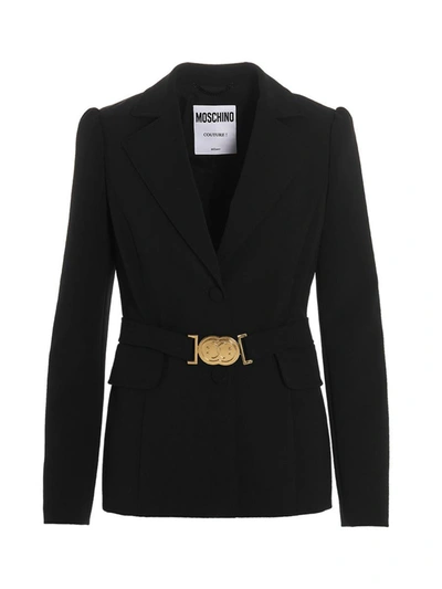 Shop Moschino Belt Detail Blazer In Black