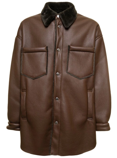 Shop Nanushka Brown Leather Mathis Overshirt Man