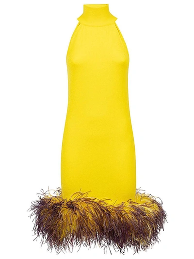 Shop Verguenza Open Back Short Dress With Feathers In Yellow