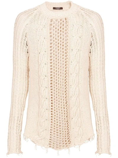 Shop Balmain Distressed Cable-knit Jumper In White