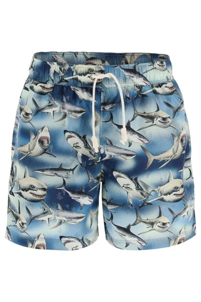 Palm Angels Man Printed Polyester Sharks Swimming Shorts In Multicolor