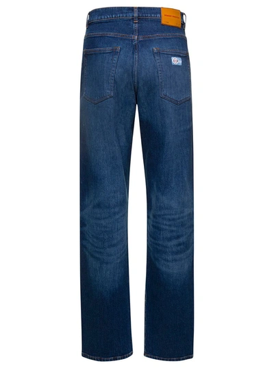 Shop Heron Preston Blue Denim Straight Leg Jeans With Logo Patch In Cotton Man
