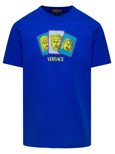 Shop Versace Blue T-shirt With Masque Print On The Front In Cotton Man