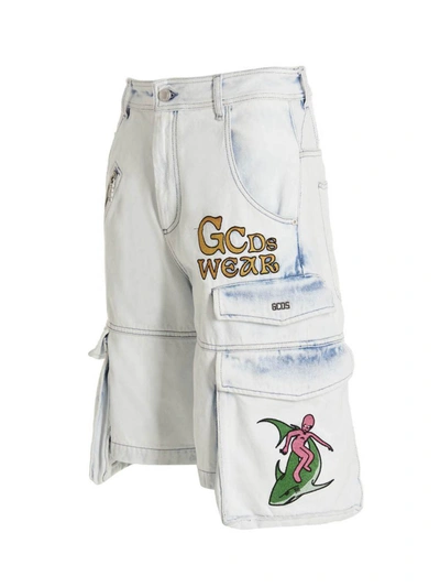Shop Gcds Bleached Embroidered Ultracargo' Bermuda Shorts In Light Blue