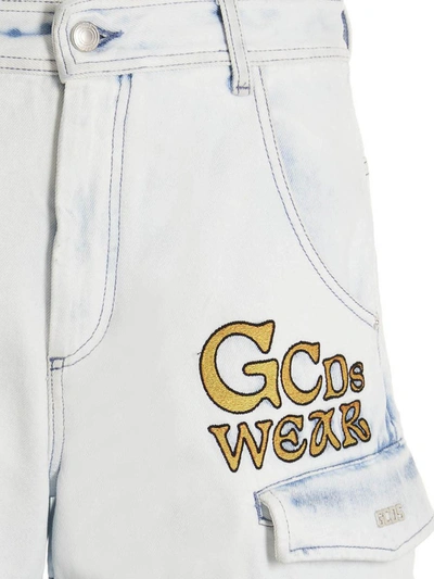 Shop Gcds Bleached Embroidered Ultracargo' Bermuda Shorts In Light Blue