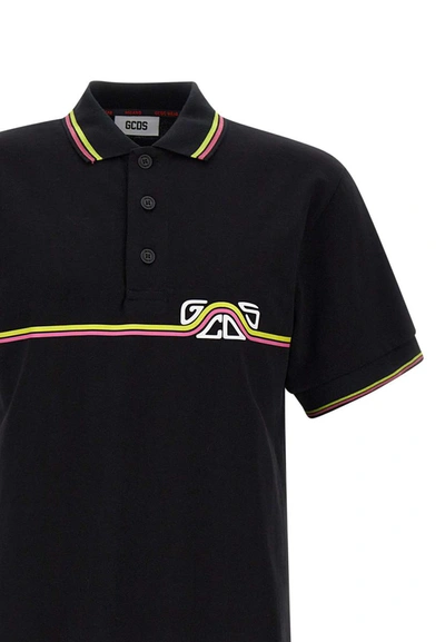 Shop Gcds "surf" Cotton Polo Shirt In Black