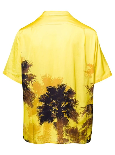 Shop Laneus Yellow Bowling Shirt With Palm Print All-over In Viscose Man