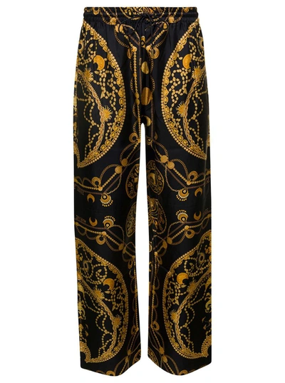 Shop Marine Serre Black Loose Pants With All-over Graphic Print In Silk Man