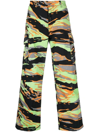 Shop Erl Printed Cotton Cargo Trousers In Green