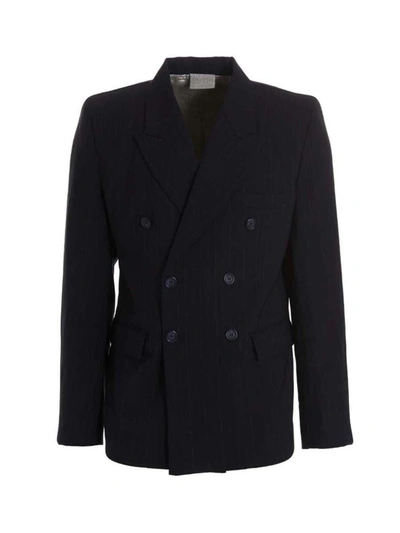 Vtmnts Double-breasted Pinstriped Blazer With Flap Pockets In Blue