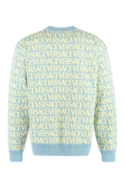 Shop Versace Cotton Crew-neck Sweater In Light Blue