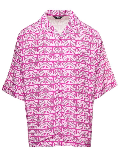 Shop Gcds Pink Shirt With All-over ' Surf' Logo Print In Viscose Man