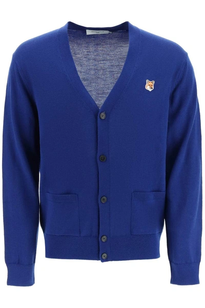 Shop Maison Kitsuné Maison Kitsune Baby Fox Patch Cardigan In Blue