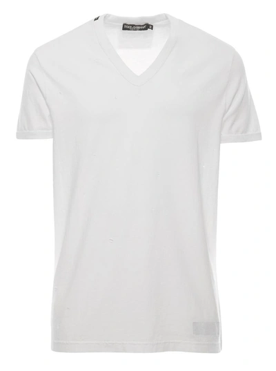 Shop Dolce & Gabbana White T-shirt With All-over Rips And Ri-edition Logo Patch In Cotton Man