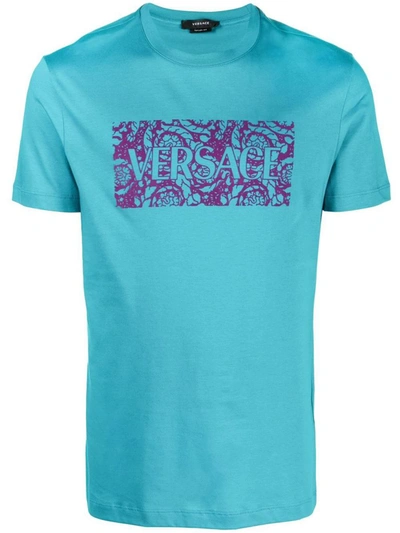 Versace Logo-print Short-sleeved T-shirt In Turquoise