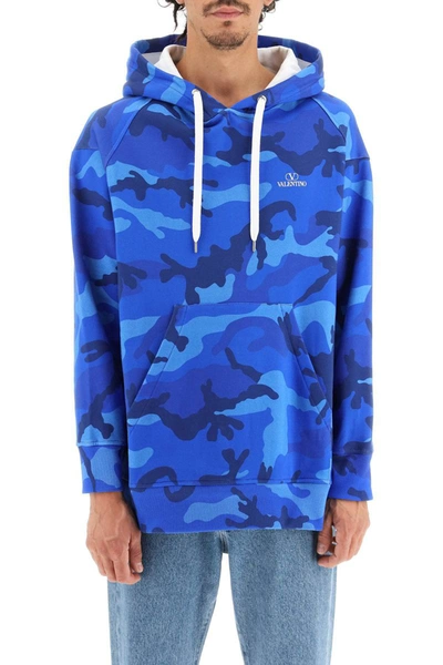 Shop Valentino Camo Hoodie In Blue