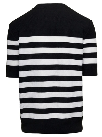 Shop Balmain Black And White Stripe T-shirt With Logo Embroidery In Wool Man