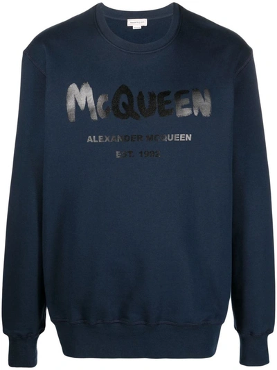 Shop Alexander Mcqueen Cotton Sweatshirt With Logo In Blue