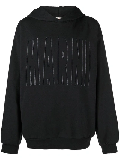 Shop Marni Logo Cotton Hoodie In Black