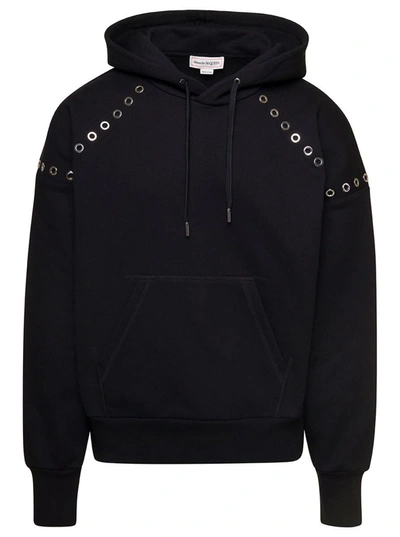 Shop Alexander Mcqueen Black Hoodie With Eyelet Details In Cotton Man