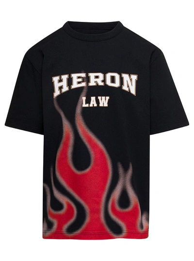 Shop Heron Preston Black Crewneck T-shirt With Logo And Flame Print In Cotton Man