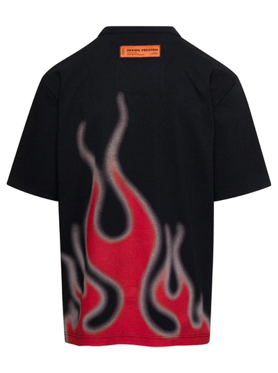 Shop Heron Preston Black Crewneck T-shirt With Logo And Flame Print In Cotton Man
