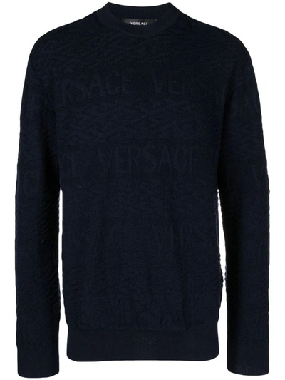 Shop Versace Logo Jacquard Jumper In Blue