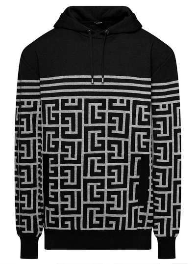 Shop Balmain Black Hoodie With Monogram And Stripes In Wool And Linen Man