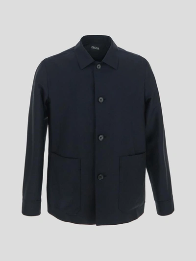 Shop Ermenegildo Zegna Zegna Wool Jacket In <p>zegna Jacket In Navy Wool/mohair Blend With Shirt Collar