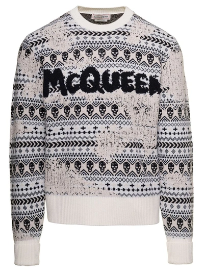 Shop Alexander Mcqueen Grey Sweater With Logo And Geometric Motif In Jacquard Wool Man In White