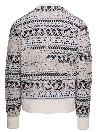 Shop Alexander Mcqueen Grey Sweater With Logo And Geometric Motif In Jacquard Wool Man In White