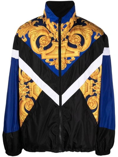 Shop Versace Barocco Print Nylon Blouson Jacket In Blue