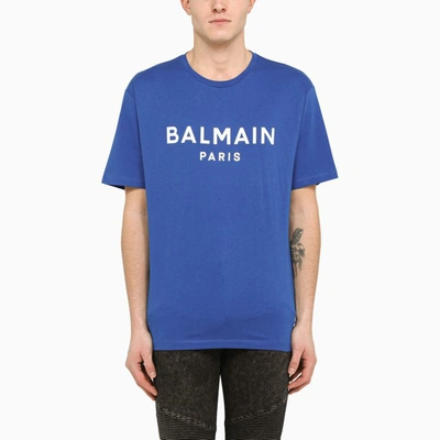 Shop Balmain Logo-print Crewneck T-shirt In Blue