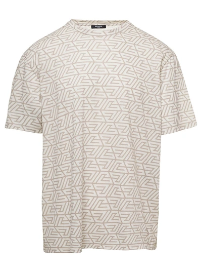 Shop Balmain Whitet-shirt With Monogram Logo Print All-over In Cotton Man In Beige