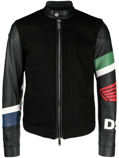 Shop Dsquared2 Jackets In <p>embossed-logo Zipped Leather Jacket From  Featuring Black, Calf Leather, Panelled Design