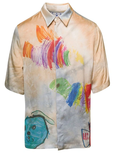 Shop Off-white Multicolor Short Sleeved Shirt With Drawings Print In Viscose Man